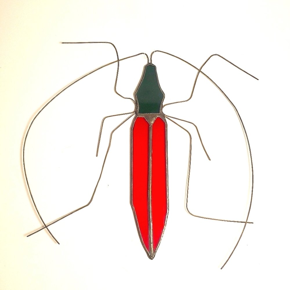 VINTAGE STAINED GLASS Suncatcher Artwork of a Beetle Red & Green with Wire Legs - Picture 3 of 10